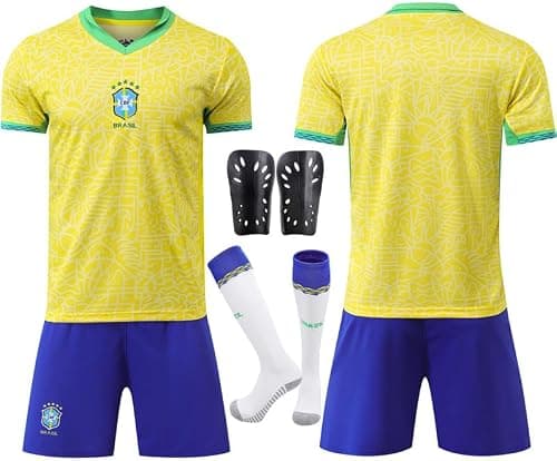 Brazil 24-25 Season Home Official Replica Jersey Kit - Men's, Youth & Kids Soccer Training Set (T-Shirt, Shorts, Socks Combo) - Breathable Football Sports Outfit - HM1 على Amazon.ae - متتبع الأسعار