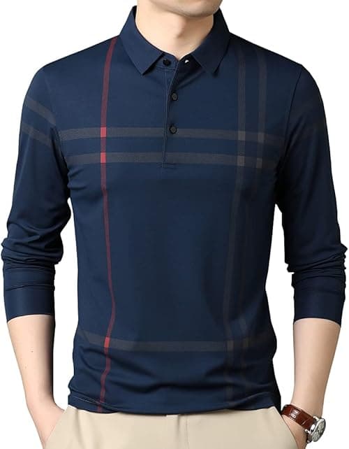 Mens Casual Striped Long Sleeve Collared T Shirt Polo Shirts on Amazon.ae - Price Tracker