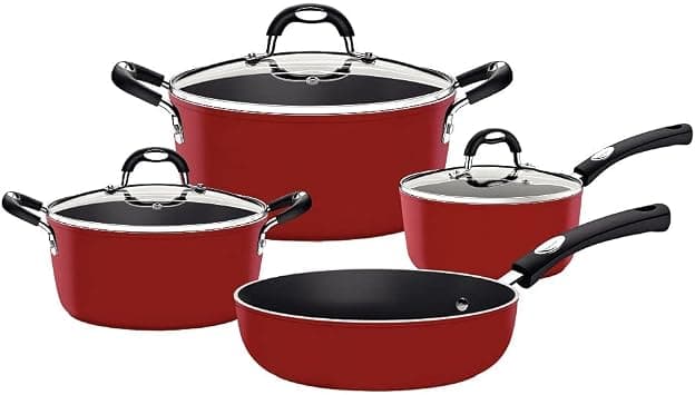 Tramontina Monaco Induction 7 Pieces Aluminum Cookware Set with Interior Starflon Premium PFOA Free Nonstick Coating and Exterior Red Silicon Coating on Amazon.ae - Price Tracker