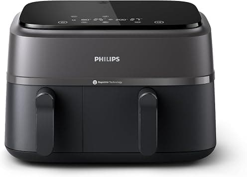 Philips Dual Basket Airfryer 3000 Series, 9L, 2 Drawer Air Fryer, with Breakfast Kit, Rapid Air Technology, Versatile Large Air Fryer for Family, 99% Less fat and Energy Saving, HomeID App (NA350/03) on Amazon - Best Deal Finder