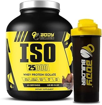 Body Builder ISO 25000 Whey Protein Isolate with Shaker -81g Protein, 14.4g Glutamine, 18.1g BCAAs - High Performance Muscle Building Supplement (4 LB, Gourmet Chocolate) on Amazon.sa - Price Tracker