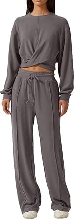 QINSEN Women 2 Piece Outfits Sweatsuit Set Twist Front Cropped Sweatshirt Wide Leg Sweatpant Lounge Set Tracksuit on Amazon.ae - Price Tracker