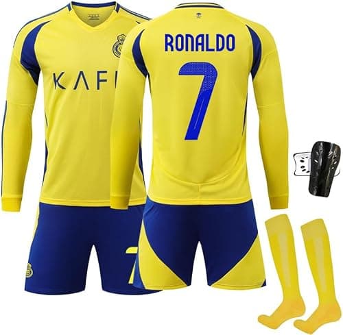 2024-2025 RiyadhVictory Home RO'NALDO #7 Replica Jersey Kit - Men's, Youth & Kids Soccer Training Set (Long Sleeve T-shirt, Shorts, Socks Combo) - Breathable Football Sports Outfit -Yellow على Amazon.ae - متتبع الأسعار