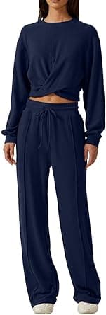 QINSEN Women 2 Piece Outfits Sweatsuit Set Twist Front Cropped Sweatshirt Wide Leg Sweatpant Lounge Set Tracksuit on Amazon.ae - Price Tracker