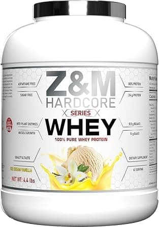 Z&M Hardcore Series 100% Pure Whey Protein Powder, Ice Cream Vanilla, 4.4 lb (2 kg), 24g Protein, 5.5g BCAAs, 11g EAAs, Plant Enzymes, 62 Servings, High Protein Supplement على Amazon.ae - متتبع الأسعار