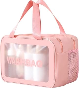 Travel Toiletry Bag,Large Clear Makeup Bags, 2 in 1 Cosmetics Bag,Transparent Skin Care Bag for Toiletries,Waterproof & Draining Make up Bags,PVC Thickened Wash Bag for Women Men (Pink) on Amazon - Best Deal Finder