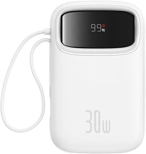 Baseus Qpow2 10000mAh Type C Power Bank with 2 Built-in USB C Cable, 30W Portable Battery with LED Display, 1 USB C, USB A Port External Pack for iPhone 16 Pro Max, iPad, Samsung S24 Ultra - White على Amazon.ae - متتبع الأسعار