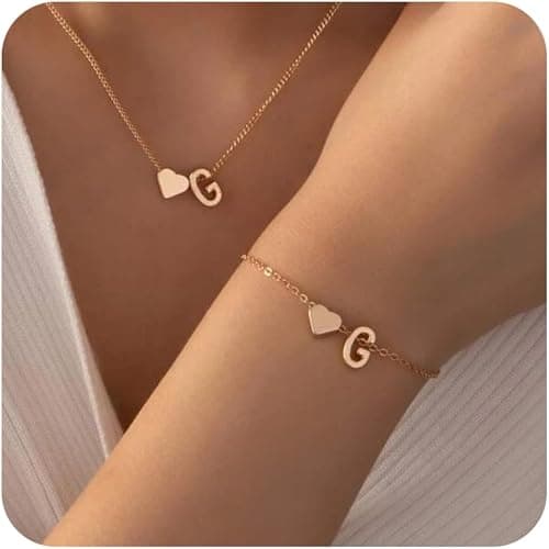 Personalized Initial Necklace & Bracelet Set,Gold Initial Bracelet and Necklace,Customizable Heart Letter Monogram Jewelry,Dainty Gold&Hypoallergenic Accessories for Women,Letters A-Z on Amazon - Best Deal Finder