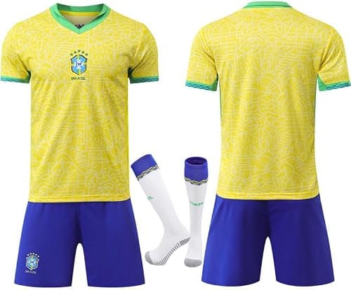 Brazil 24-25 Season Home Official Replica Jersey Kit - Men's, Youth & Kids Soccer Training Set (T-Shirt, Shorts, Socks Combo) - Breathable Football Sports Outfit - HM1 على Amazon.ae - متتبع الأسعار