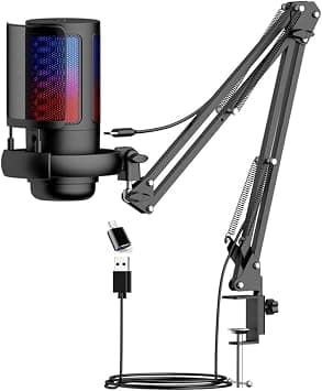 RGB Gaming Microphone for PS4/5 PC & MAC,w/Boom Arm,Pop Filter,Mute,Monitoring,192kHz/24Bit Noise Cancellation Condenser Gamer Podcast Recording Microphone for Streaming Twitch,Discord,YouTube (Black) على Amazon.ae - متتبع الأسعار