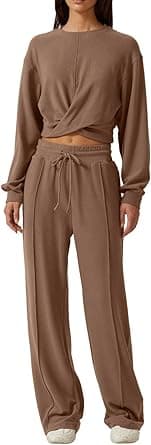 QINSEN Women 2 Piece Outfits Sweatsuit Set Twist Front Cropped Sweatshirt Wide Leg Sweatpant Lounge Set Tracksuit on Amazon.ae - Price Tracker