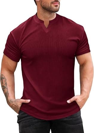Runcati Mens Muscle T Shirt Ribbed V Neck Short Sleeve Tops Slim Fit Workout Slim Fit Casual Stretch Tee Shirts on Amazon - Best Deal Finder