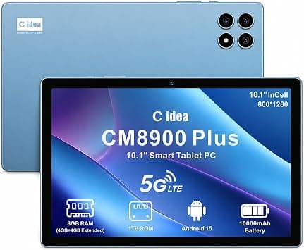 C idea 10.1" Tablet CM8900 Plus, 8GB RAM + 1TB Storage, Android 15, 5G LTE, 10000mAh Battery, Dual Camera, WiFi (Blue) على Amazon.ae - متتبع الأسعار