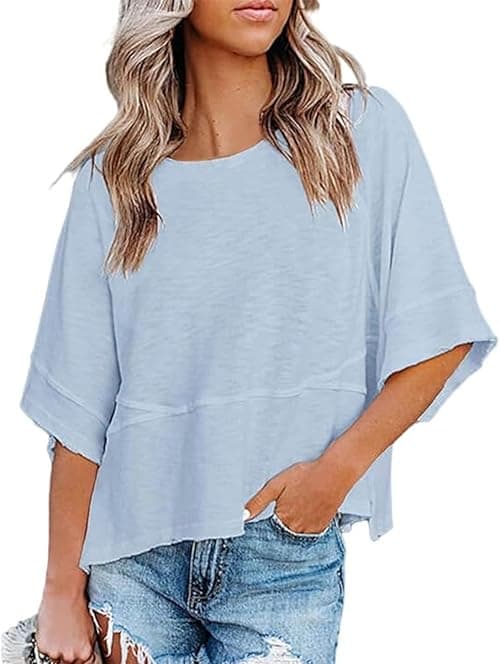 Womens Fashion T-Shirt CrewNeck 3/4 Sleeves Solid Color Loose Basic Pullover Tops Summer Casual Tees Blouses on Amazon.ae - Price Tracker