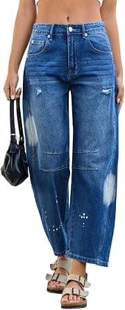 Mid Rise Barrel Jeans for Women Wide Leg Mid Waist Cropped Denim Pants Y2k Baggy Boyfriend Jeans with Pockets on Amazon.ae - Price Tracker