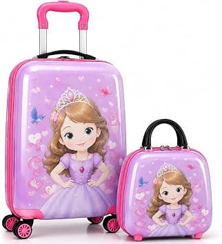 KIDDOO Kids Trolley Luggage Set for Girls, 2-Piece Hard Shell Suitcase with Matching Hand Bag, 360° Spinner Wheels & Adjustable Telescopic Handle, Pink Princess Design, Travel Bag Set for Kids on Amazon - Best Deal Finder