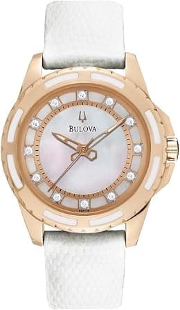 Bulova Ladies' Classic Diamond Stainless Steel Watch with Mother of Pearl Dial, White Strap/Rose Gold, Standard, Classic Quartz Two-Tone Stainless Steel Strap White Leather Diamond - Amazon.ae Price Tracker