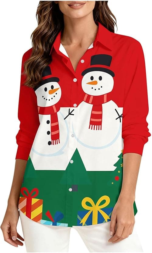 Christmas Tops for Women UK Novelty Xmas Jumpers Long Sleeve Tunic Top Button Up Shirt V Neck Blouse Xmas Tree Snowflake Reindeer Jumper Striped Shirt Ugly Funny Christmas Jumpers on Amazon.ae - Price Tracker