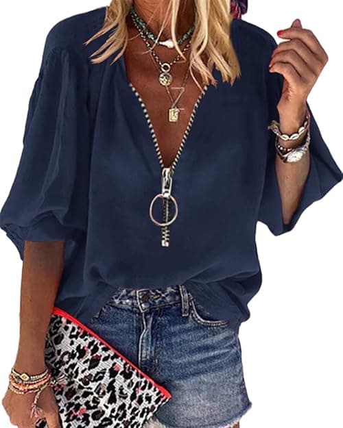 Cnkwei Womens V-Neck Lantern Sleeve Blouse Zipper Design Loose Casual Top Shirts on Amazon.ae - Price Tracker
