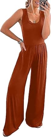 PRETTYGARDEN Women’s Summer Sleeveless Tank Jumpsuits High Waist Low Cut Casual Scoop Neck Fit And Flare Long Pants Rompers, Orange Red, S on Amazon.ae - Price Tracker