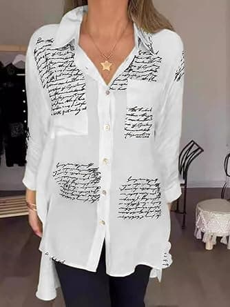 Womens Letter Print Button Down Shirts Casual Loose Swallowtail Blouse Tops on Amazon.ae - Price Tracker