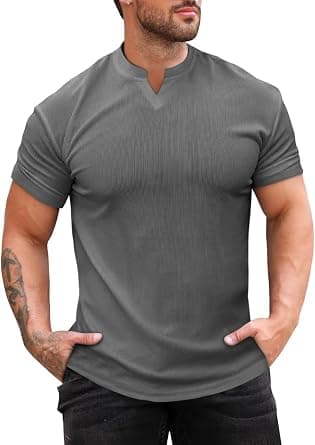 Runcati Mens Muscle T Shirt Ribbed V Neck Short Sleeve Tops Slim Fit Workout Slim Fit Casual Stretch Tee Shirts on Amazon - Best Deal Finder