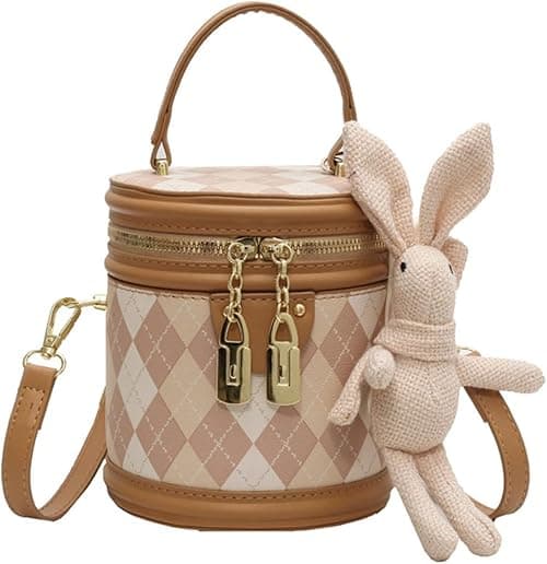 Women Quilted Lattice Crossbody Bag, Azonee Faux Leather Bucket Bag Shoulder Bag, Small Tote Square Satchel Handbags with Bunny Doll Pendant, Suitable for Traveling, Shopping on Amazon.ae - Price Tracker