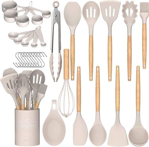 Umite Chef - 24 Pcs Silicone Kitchen Utensils Set Non-Stick with Stand, Wooden Handle, Heat Resistant, BPA Free Khaki 24pcs on Amazon.ae - Price Tracker