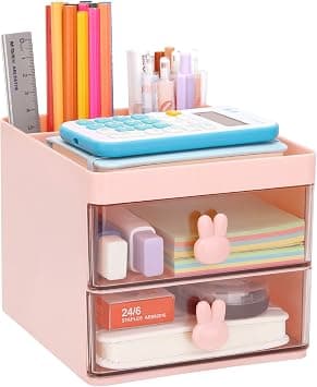 LETURE Small Desk Organizer With Drawer, Office Desktop Storage Box, Business Card/Pen/Pencil/Mobile Phone/Stationery Holder Storage Box, Makeup Organizer for Office School Home (Pink) على Amazon.ae - متتبع الأسعار