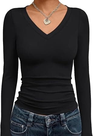 Long Sleeve Shirts for Women, Fall Fashion V Neck Basics Crop Tops Slim Fitted Y2K Tops, Going Out Tops Tshirts Casual Trendy Clothes, M على أمازون - دليلك لأفضل العروض