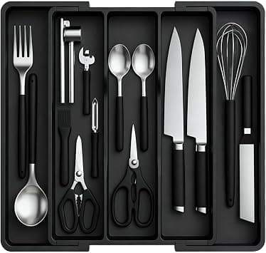Expandable Kitchen Drawer Organiser and Utensil Holder , Expandable Utensil Tray for Kitchen, BPA Free Flatware and Cutlery Holder, Adjustable Plastic Storage for Spoons Forks Knives, Large, Black on Amazon.ae - Price Tracker