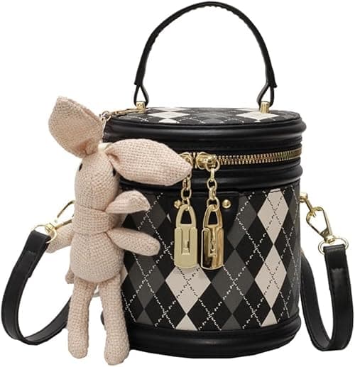 Women Quilted Lattice Crossbody Bag, Azonee Faux Leather Bucket Bag Shoulder Bag, Small Tote Square Satchel Handbags with Bunny Doll Pendant, Suitable for Traveling, Shopping on Amazon.ae - Price Tracker
