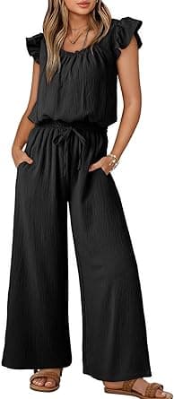 Dokotoo Jumpsuit Women's Summer Muslin Overalls Elegant Ruffle Sleeves Trouser Suit Wide Leg Playsuit Long Romper with Drawstring S-2XL on Amazon.ae - Price Tracker
