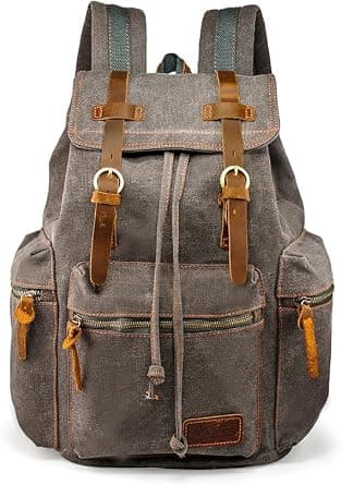 GEARONIC 21L Vintage Canvas Backpack Leather Rucksack Knapsack 15inch Laptop Tote Satchel College Shoulder Hiking Bag on Amazon.ae - Price Tracker