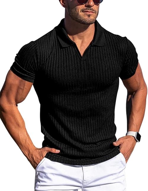 Men's Muscle V Neck Polo Shirts Slim Fit Short Long Sleeve Cotton Golf T-Shirts Ribbed Knit Soft Tees on Amazon.ae - Price Tracker