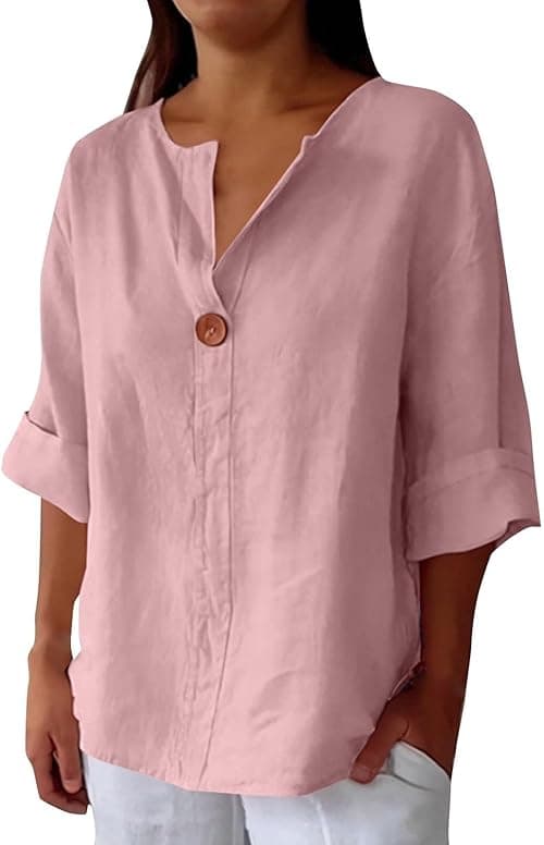 Ladies Cotton Linen Floral Print Button V Neck Short Sleeve Tops Women UK Summer Plus Size Casual Loose Fit Blouse Streetwear on Amazon.ae - Price Tracker