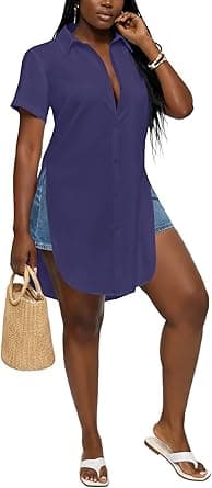 LYANER Women's Collar V Neck Button Down Slit Hem Short Sleeve Blouse Long Shirt Top on Amazon.ae - Price Tracker