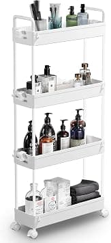 Slim Storage Cart, 4 Tier Bathroom Organizer with Mobile Shelving, Rolling Utility Cart with Slide-Out Compartments for Kitchen, Bathroom, Laundry, and Narrow Spaces - متتبع أسعار Amazon.sa