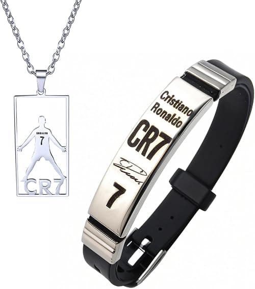 BENIFILE CR7 Football Star Bracelet Pendant Necklace Set, Adjustable Stainless Steel Necklace Silicone Bracelet for Men, Champions League Jewelry Gift for Fans on Amazon - Best Deal Finder