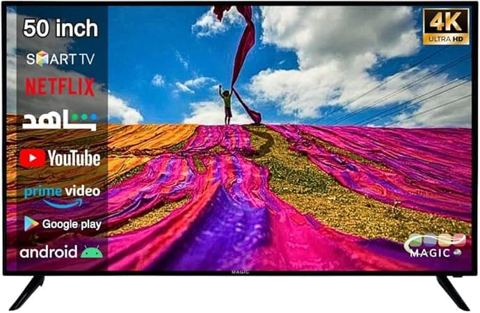 Magic World 50 Inch 4K Ultra HD Smart TV with Unbreakable Double Glass, Built-in Receiver, Android 13, WiFi, Shahid, Miracast, Free Wall Mount - MG50Y030USBT2-13 on Amazon.ae - Price Tracker
