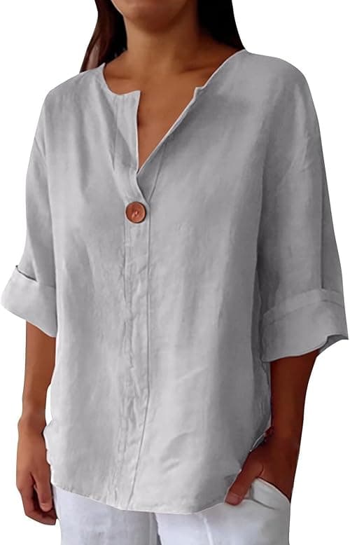 Ladies Cotton Linen Floral Print Button V Neck Short Sleeve Tops Women UK Summer Plus Size Casual Loose Fit Blouse Streetwear on Amazon.ae - Price Tracker