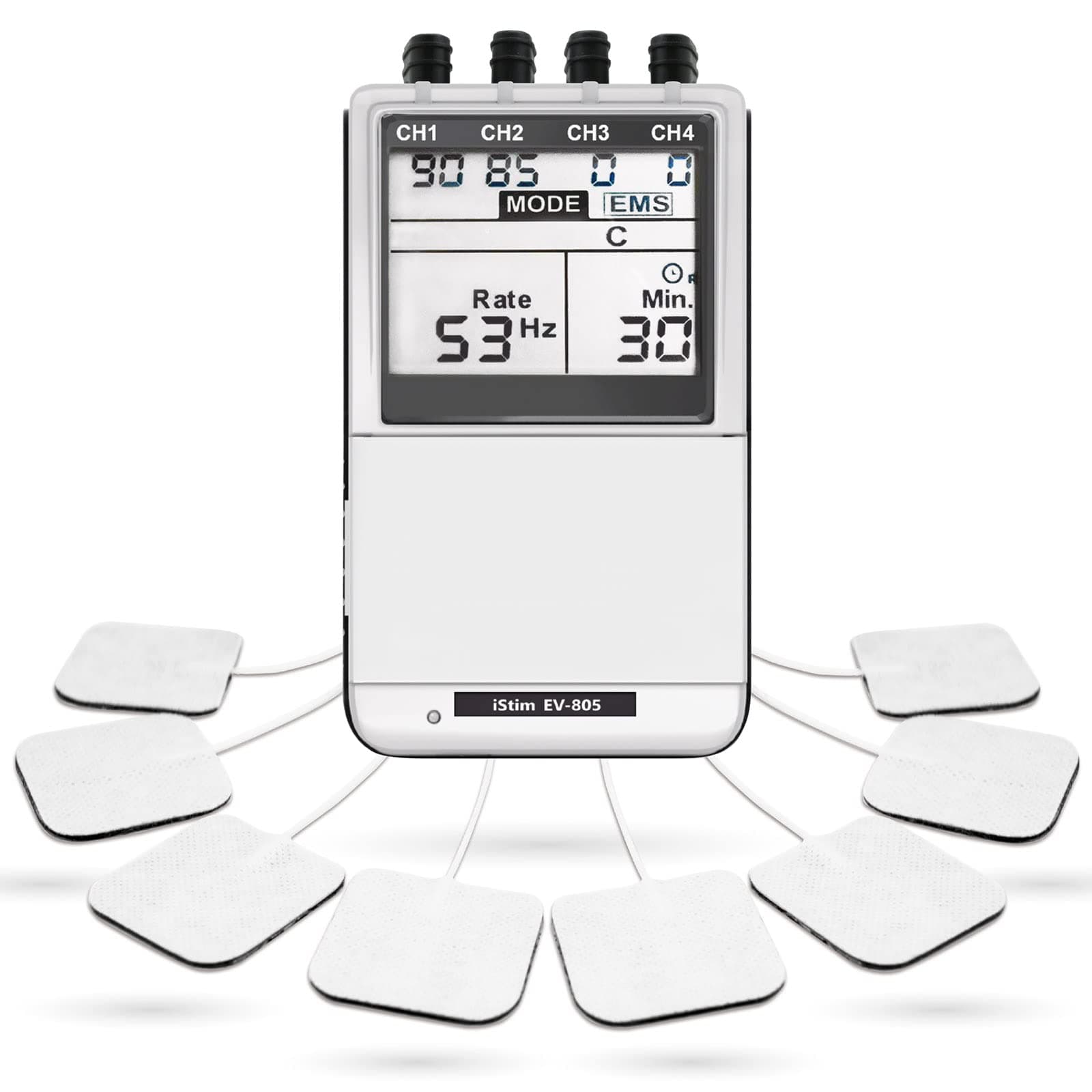 iSTIM EV-805 TENS EMS 4 Channel Rechargeable Combo Machine Unit - Muscle Stimulator + Back Pain Relief and Management- 24 Programs/Backlit (Including Electrodes Pads) on Amazon.ae - Price Tracker