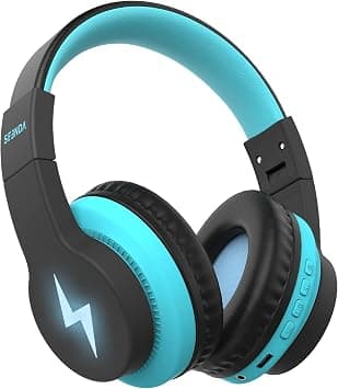 seenda Kids Bluetooth Headphones, JCH-01 Kids Wireless Headphones for School, 85/94dB Volume Limited, 45H Playtime, 3 Lighting Modes, Built-in Mic Headset with Aux Cord for iPad,Black&Blue | 75H playtime, soft padded fit, mic & AUX cord, stickers & doodle fun kids love; Wireess Headphones for school, travel, iPad. على Amazon.ae - متتبع الأسعار