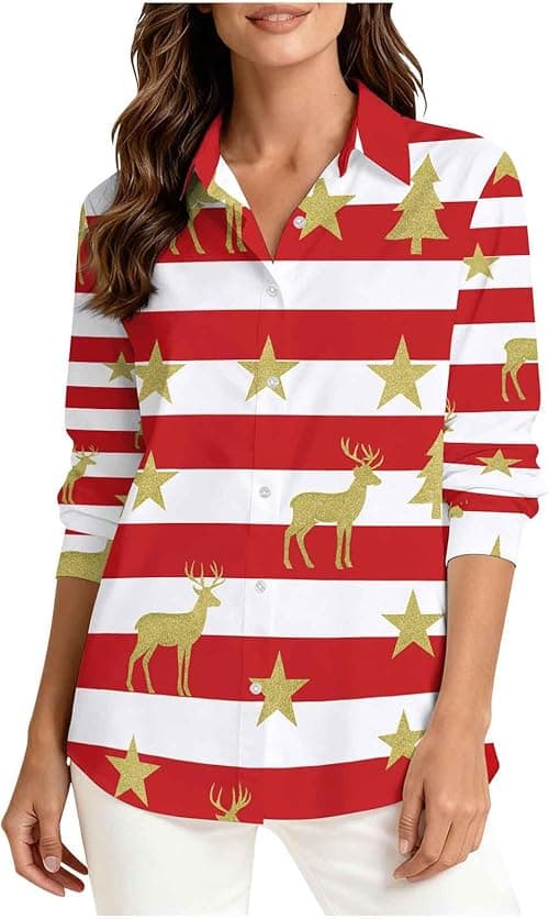 Christmas Tops for Women UK Novelty Xmas Jumpers Long Sleeve Tunic Top Button Up Shirt V Neck Blouse Xmas Tree Snowflake Reindeer Jumper Striped Shirt Ugly Funny Christmas Jumpers on Amazon.ae - Price Tracker