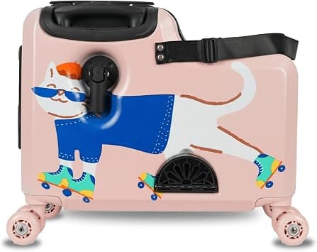 Kids Ride-On Carry-On Suitcase, ABS Lightweight Travel Trolley Luggage for Children with 360° Spinner Wheels, Cabin-Friendly Scooter Travel Bag (Pink Whisker – Cat Design) on Amazon - Best Deal Finder