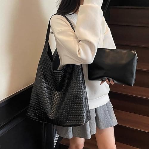 Woven Hobo Bag for Women Vintage Large Capacity Soft Leather Top-handle Shoulder Bag Black Designer Underarm Purses for Daily Commute on Amazon.ae - Price Tracker