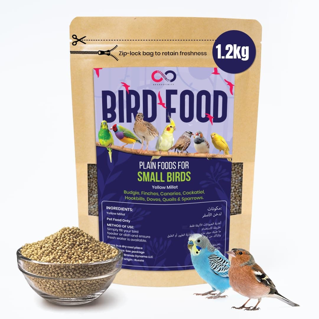 Brandsfinity 1.2kg Plain Food for Small Birds, 100% Yellow Millet Seeds, Ideal for Budgies, Canaries, Love Birds, Zebra Finches, Easy-to-Serve Bird Feed for Bird Feeders and Outdoor Bird Houses on Amazon.ae - Price Tracker
