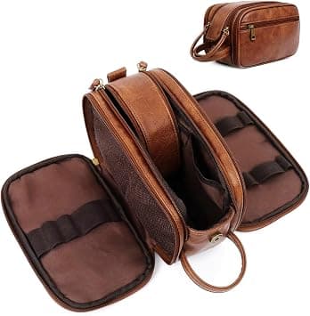 Men’s Toiletry Bag, PU Leather Travel Shaving Dopp Kit with Wet-Dry Pocket & Multiple Elastic Loops, Large Waterproof Bathroom Organizer to Carry All Your Essentials With No Fuss - Brown on Amazon - Best Deal Finder