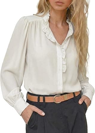 Astylish Women's Ruffle Collar Long Puff Sleeve Chiffon Blouse Button Down Shirt Loose Fit 2026 Spring Summer Tops on Amazon.ae - Price Tracker