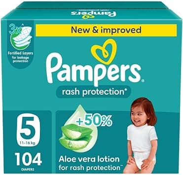 Pampers Rash Protection, Taped Diapers, Size 5, 11-16 kg, Giant Box, 104 Diapers - متتبع أسعار Amazon.sa